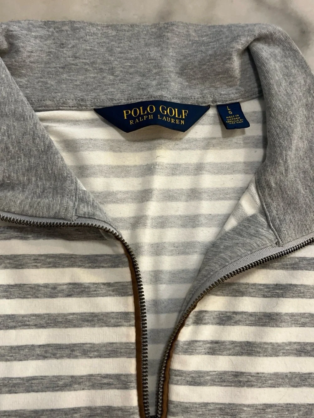 Polo by Ralph Lauren Gray and White Striped Quarter-Zip Sweater